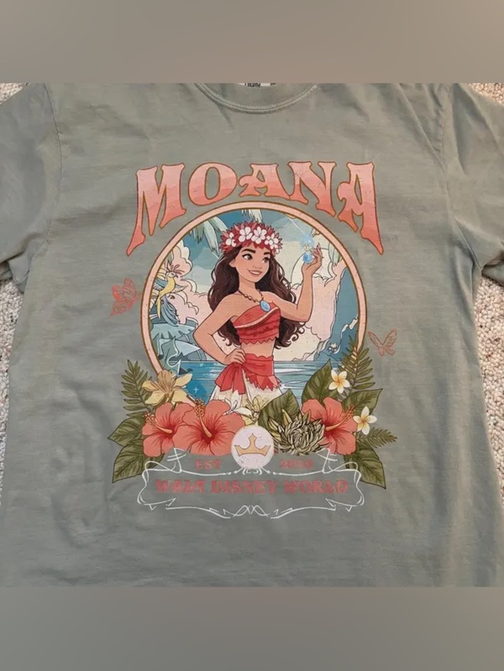 Moana Graphic Tee in Military Green with Coral Accents